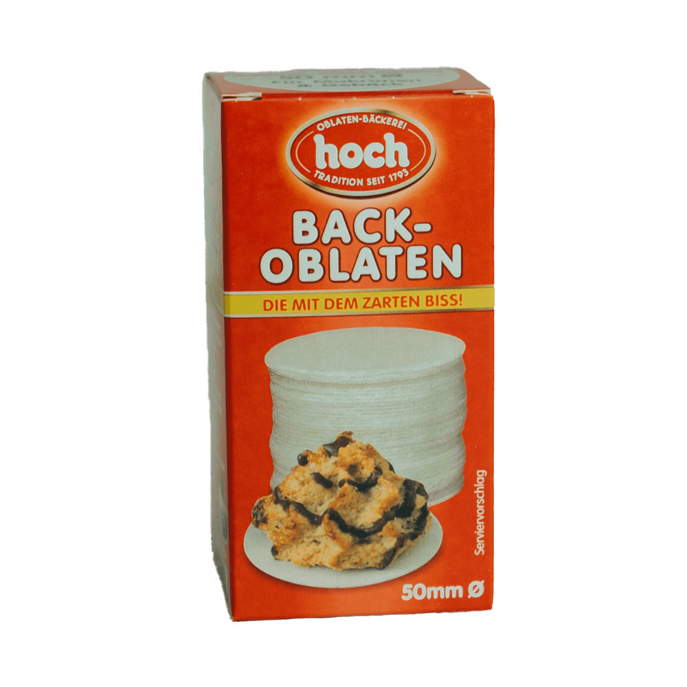 Backoblaten Ø 50mm Rote Verpackung mit der Aufschrift Backoblaten Ø 50 Millimeter und auf der Verpackung sind weiße runde Backoblaten abgebildet