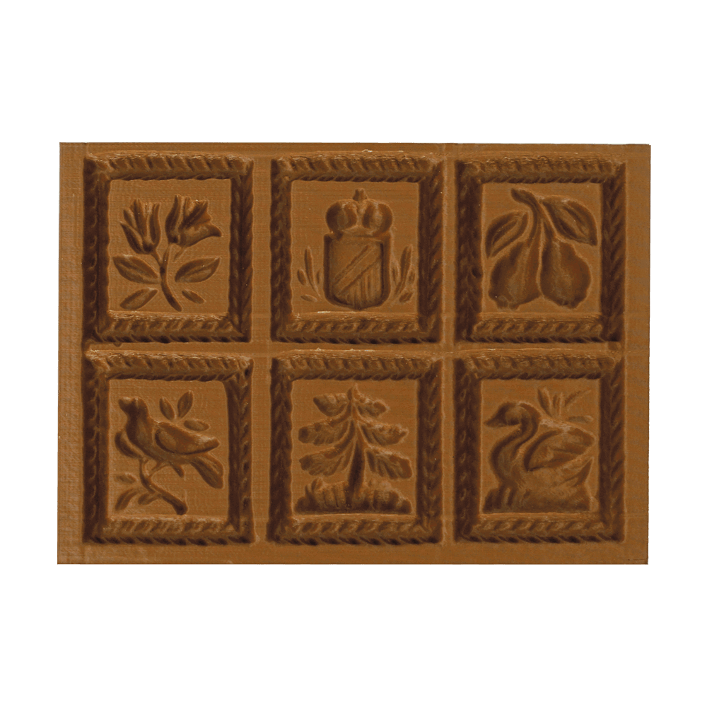 Springerle-Model 6er Blume, Wappen, ... Braunes rechteckiges Springerle-Model mit 6 verschiedenen Motiven. Blume, Kerze, Zweig, Vogel, Baum und Schwan. Ohne Hintergrund abgebildet.