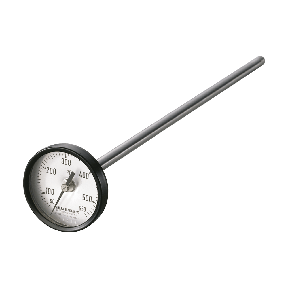 Thermometer Langer Thermometer mit rundem Kopf. Das Gehäuse ist schwarz. Die Anzeige weiß mit schwarzer Aufschrift.