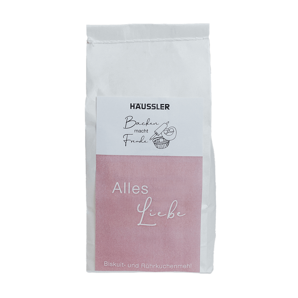 Weiße Verpackung mit rosa Aufkleber: Mehl-Geschenk - Alles Liebe (Biskuit-und Rührkuchenmehl) 1 Kilogramm