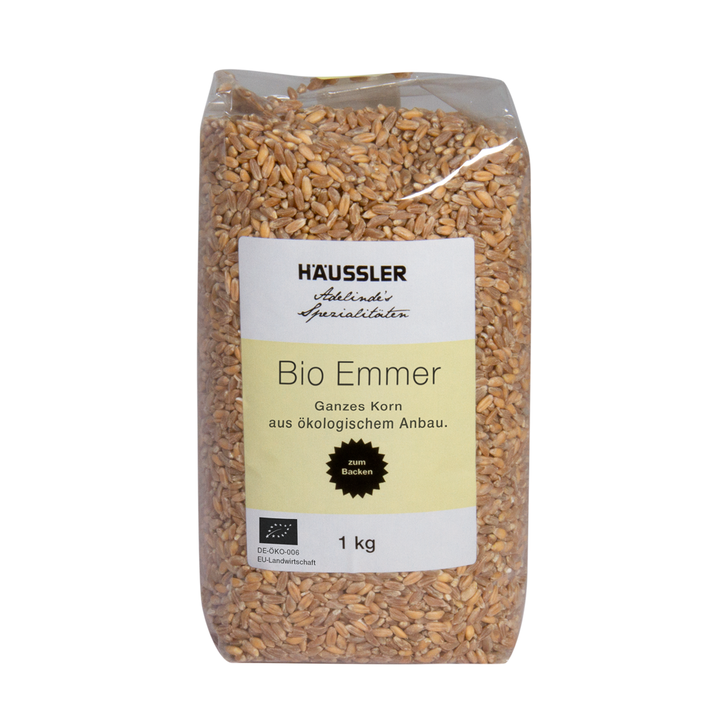 Durchsichtige Verpackung mit Bio Emmer 1 Kilogramm Aufkleber