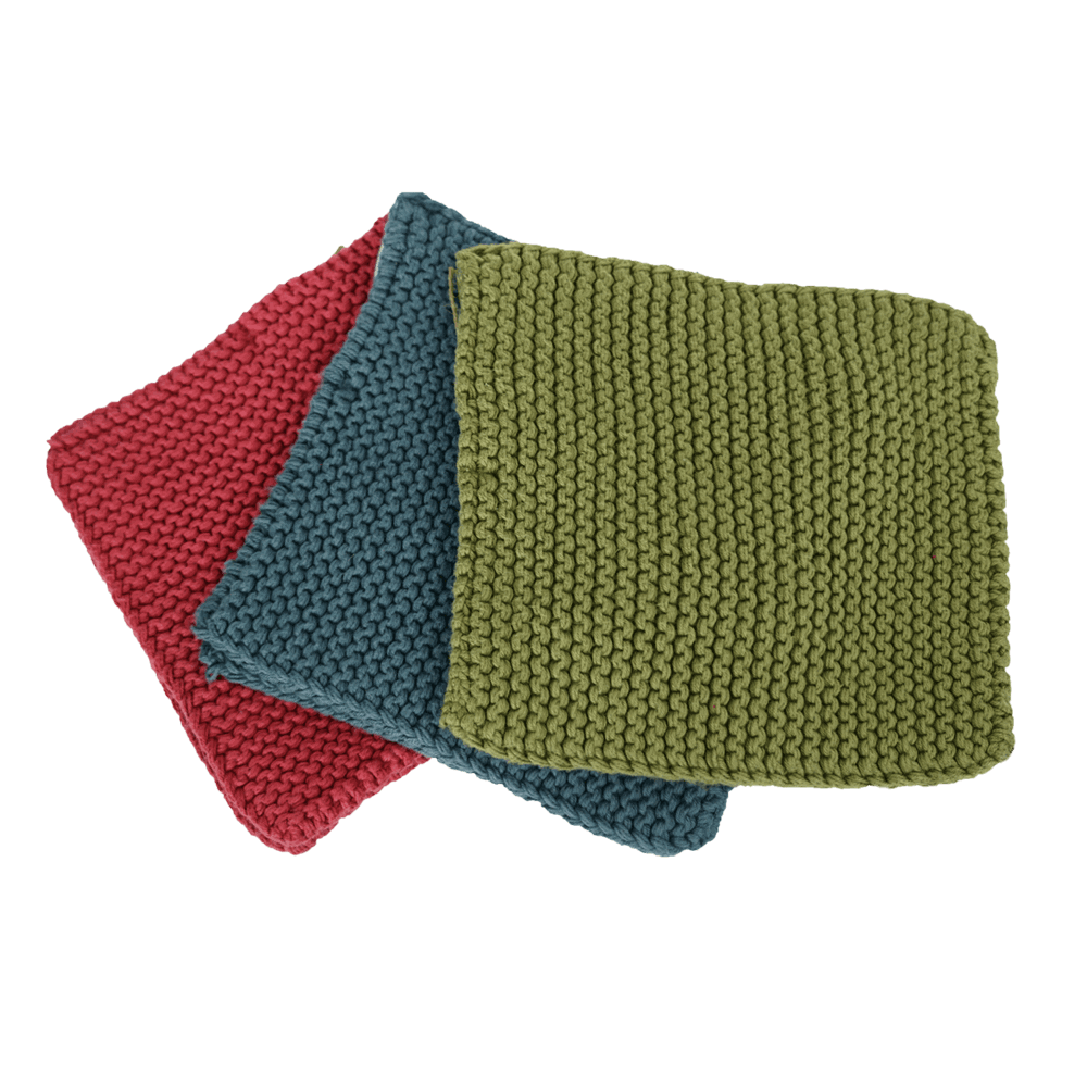 Ein paar Topflappen, aus 100% Baumwolle Topflappen, gestrickt in drei verschiedenen Farben