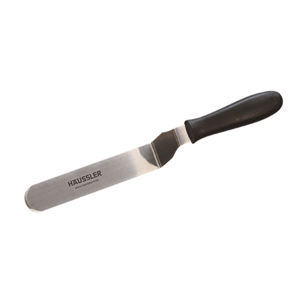 Die Klinge ist aus Edelstahl und abgewinkelt. Auf der Klinge befindet sich das Häussler Logo und die Palette hat einen schwarzen Kunststoffgriff. Ohne Hintergrund abgebildet.