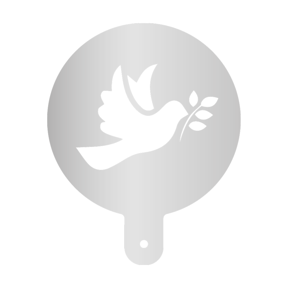 Runde Mehlschablone mit Griffstück mit einem Ausschnitt in der Mitte in Form einer Taube. Ohne Hintergrundbild.