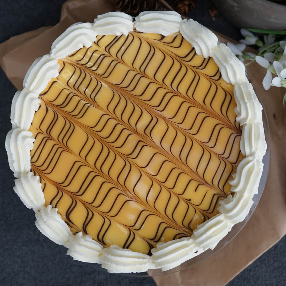 Rezept für Eierlikör-Sahnetorte Torte mit einem Eierlikörspiegel oben drauf mit einem Gitter aus geschmolzener Schokolade und mit Sahne verziertem Rand