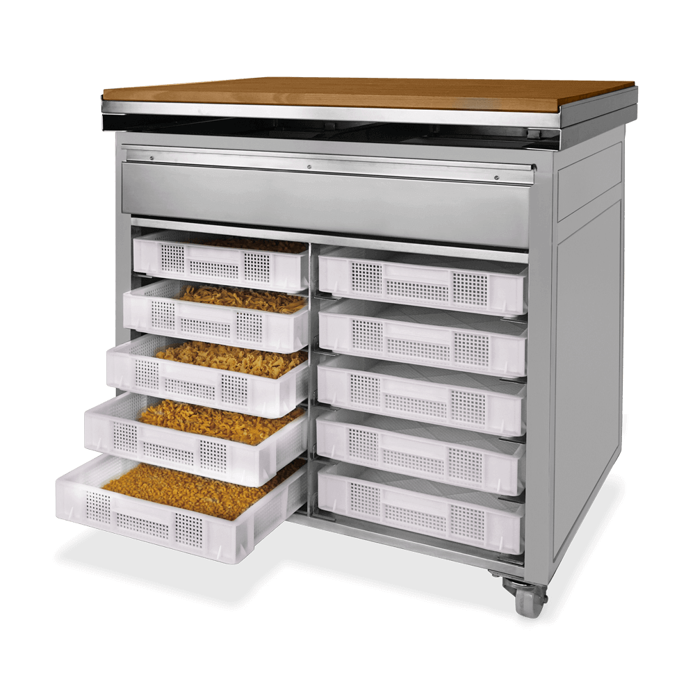 Nudelarbeitstisch Nudelarbeitstisch mit Holzarbeitsfläche und Platz für 10 Nudelhorden