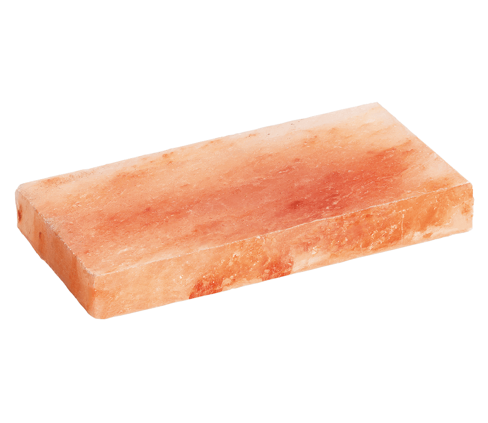 Salzplatte Rechteckige Salzplatte in rosa-orange Farbtönen, geeignet zum Grillen, Braten oder Servieren von Speisen.