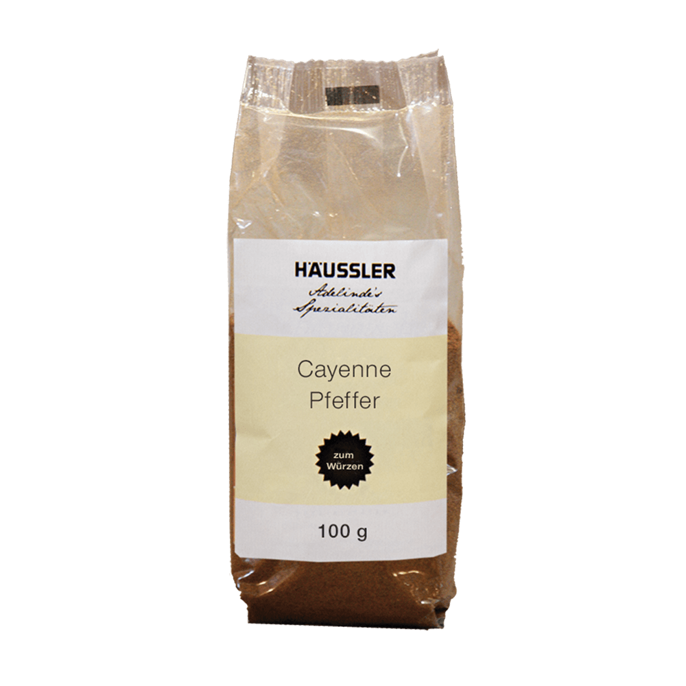 Cayennepfeffer gemahlen 100 g Durchsichtige Verpackung mit Aufschrift: Cayennepfeffer gemahlen 100 Gramm