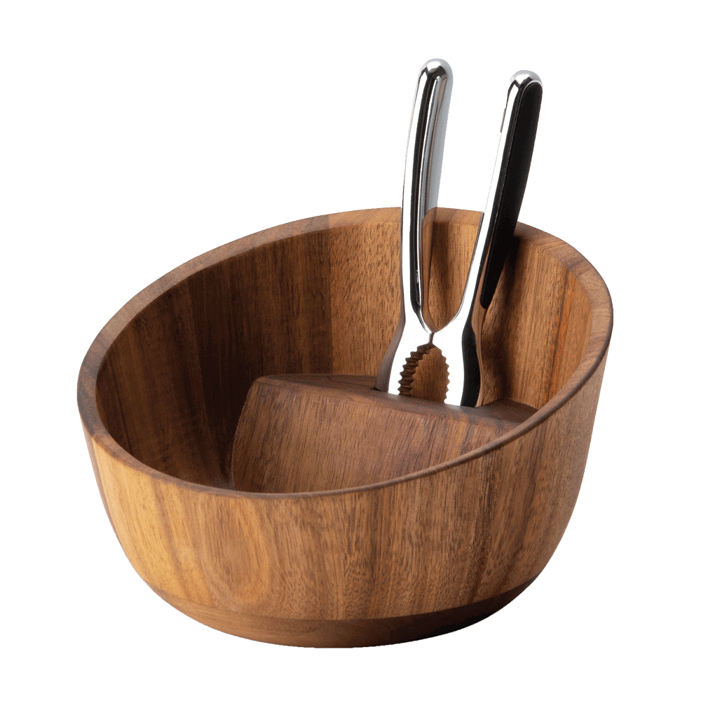 Nussschale Akazienholz mit Nussknacker Nussschale aus Akazienholz mit eingelegtem Nussknacker ohne Hintergrund.