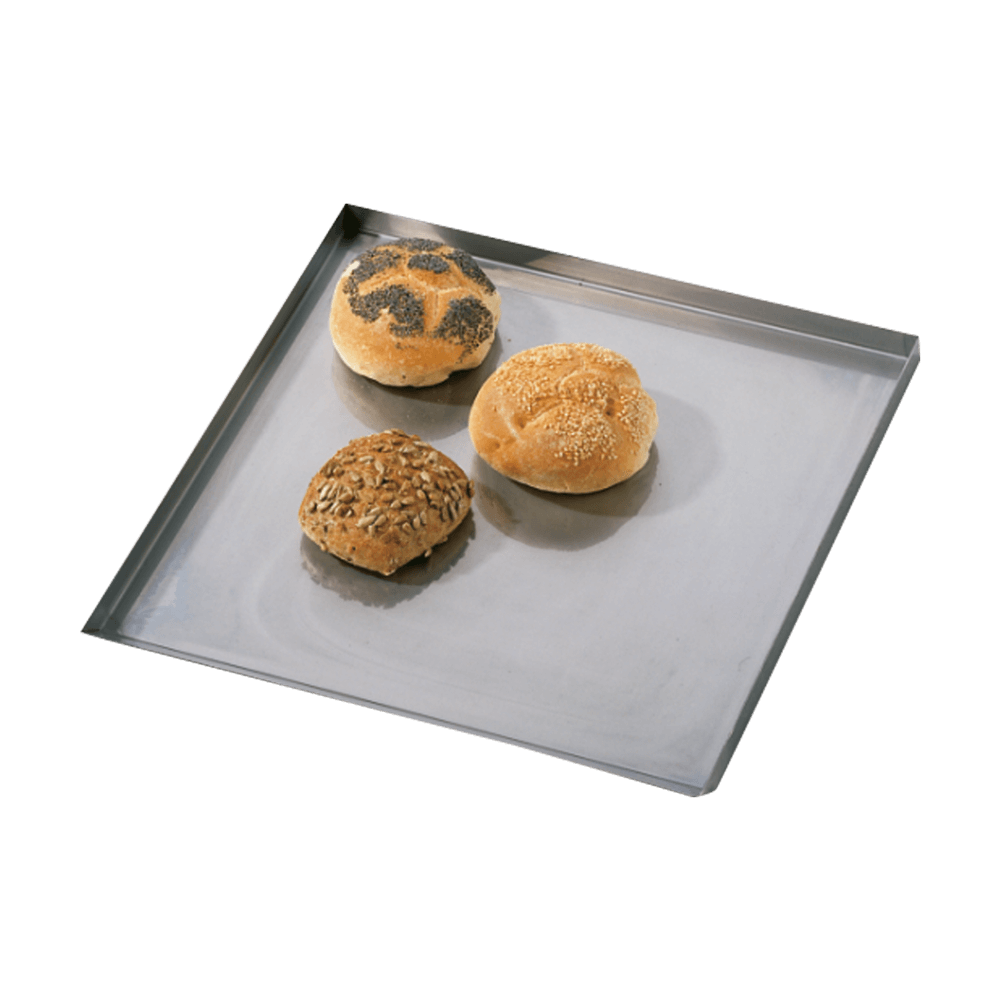 Backblech mit den Maßen 35x38cm. Es liegen 3 gebacken Brötchen, bestreut mit Saaten, auf dem Blech