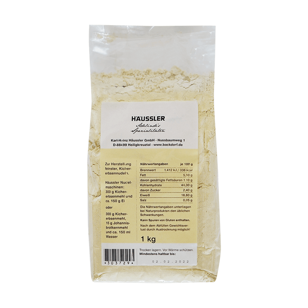 gemahlene Kichererbsen gemahlene Kichererbsen in einer durchsichtigen 1kg Packung, Etikett Rückseite mit Nährwerten