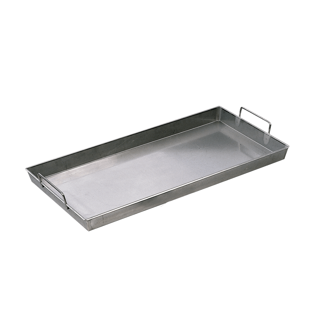 Das Bild zeigt einen rechteckigen Bräter aus Edelstahl mit einer schlichten, funktionalen Optik. Der Bräter hat eine glatte, glänzende Oberfläche und ist mit zwei stabilen, hochstehenden Griffen an den kurzen Seiten ausgestattet. 