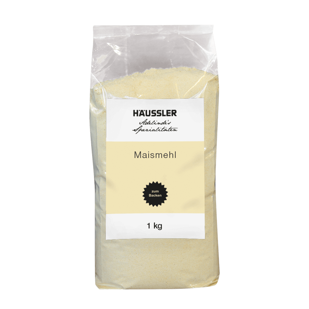 Verpackung mit Maismehl befüllt und gelbem Etikett
