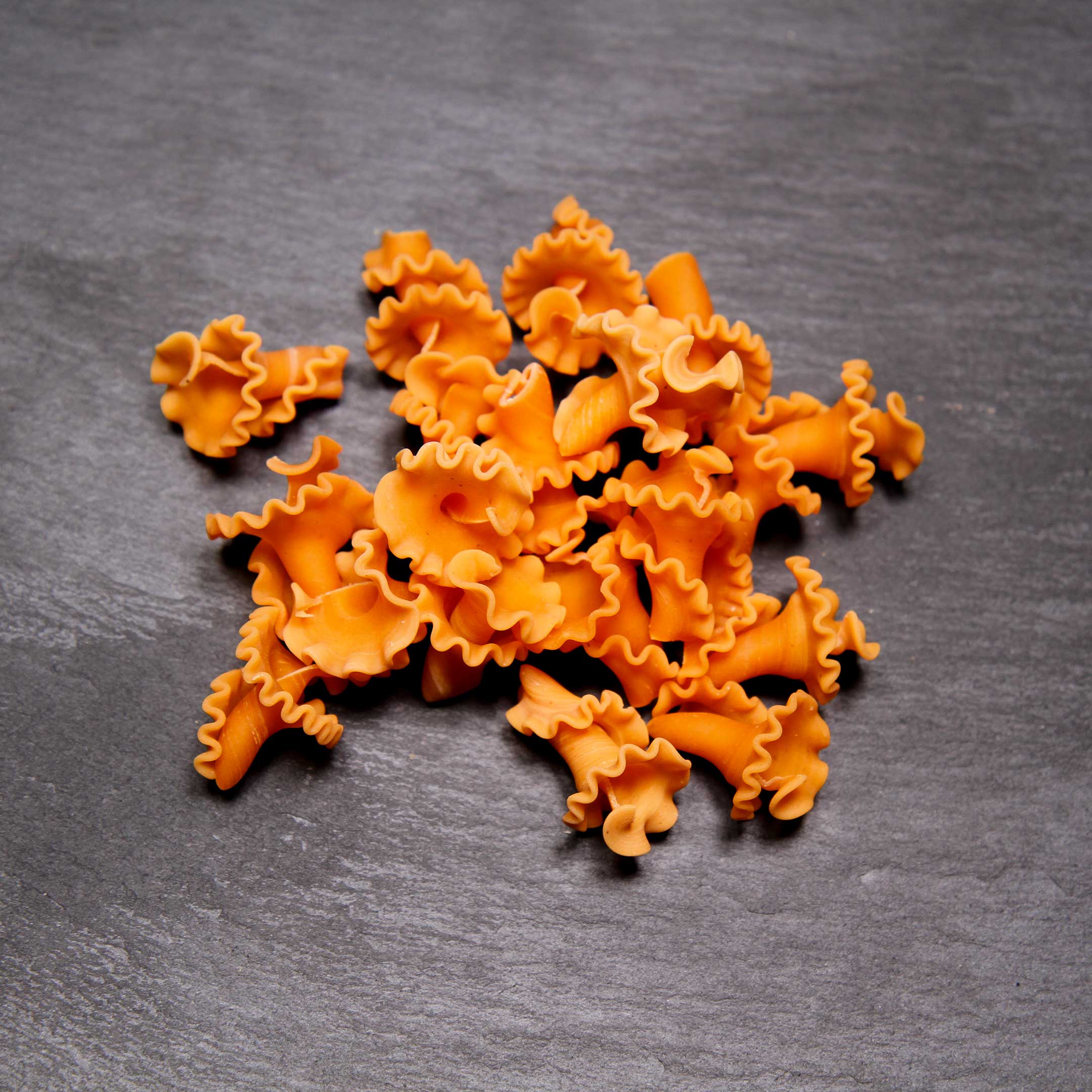 rote Linsen Nudeln Rote Linsen Nudeln in Tulpenform auf einer grauen Fläche