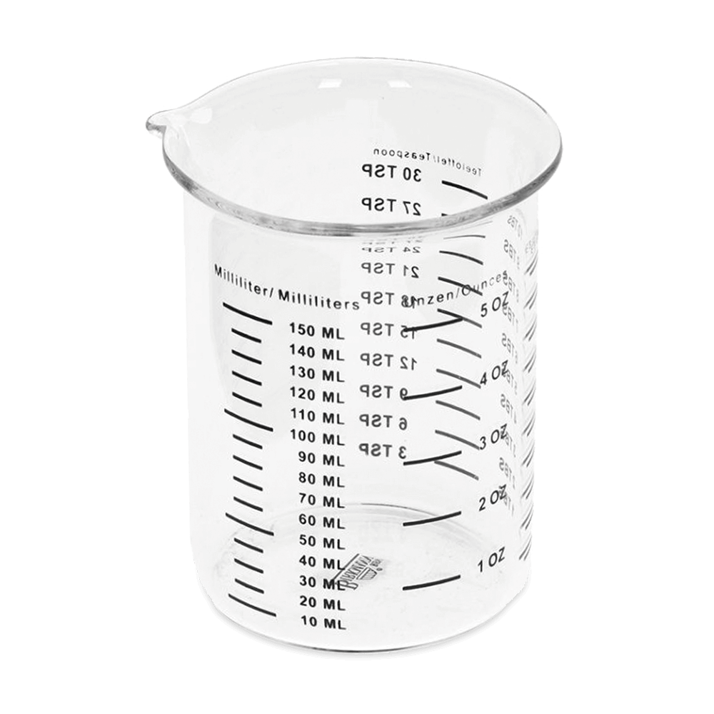 Messbecher aus Glas mit einer Füllmenge von 150 ml ohne Hintergrund.