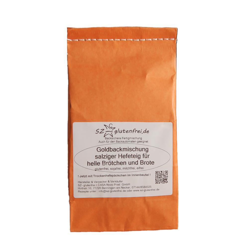 Glutenfreie Backmischung - Salziger Hefeteig Glutenfreie Backmischung für salzigen Hefeteig in orangener Papierverpackung ohne Hintergrund.