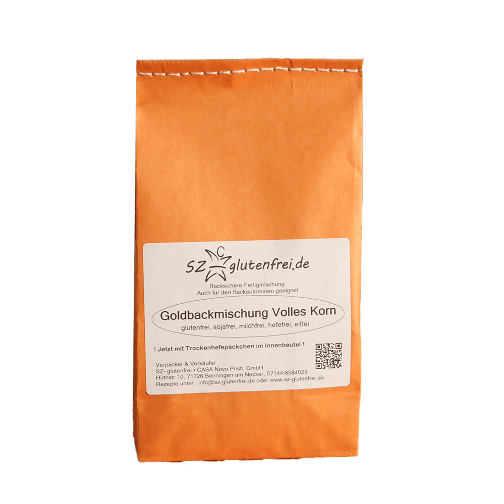 Glutenfreie Backmischung Volles Korn Glutenfreie Backmischung für Volles-Korn Brot in einer orangenen Papiertüte ohne Hintergrund.