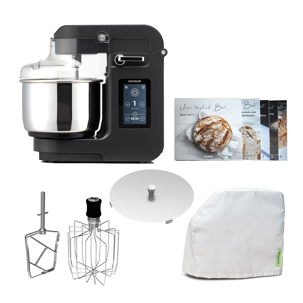 NOVA Teigknetmaschine in der Farbe anthrazit mit dem gesamten Zubehör, welches mitgeliefert wird, ohne Hintergrund.