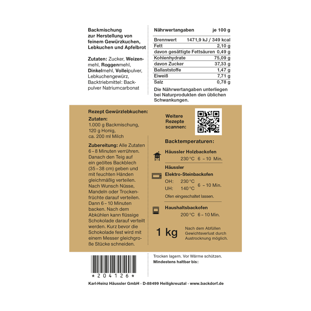 Mehlgeschenk Freudemacher, Backmischung Gewürzkuchen 1 kg, Rückseite mit Zubereitung und Nährwertangaben