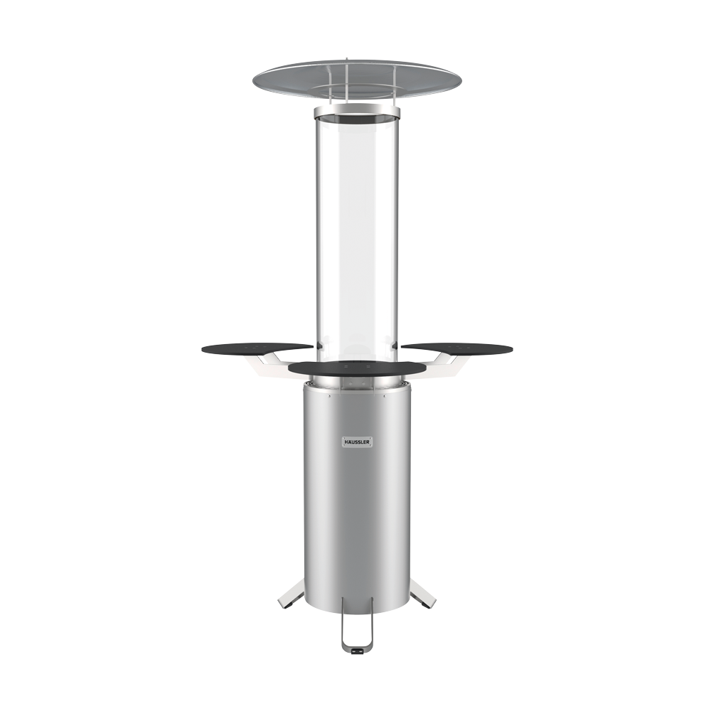 Terrassenstahler mit drei angebauten Tischen ohne Hintergrund.