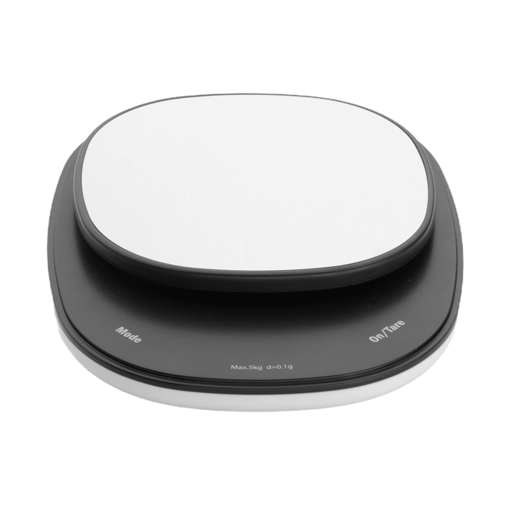 Feinwaage Bereich 0,1 bis 5 kg Feinwaage ohne Hintergrund. Die Waage ist im unteren Bereich dunkelgrau-schwarz. Links ist ein Knopf um den Modus einzustellen. In der Mitte wird der Minimum und Maximum Bereich angezeigt und rechts ist der ON/Tare Knopf