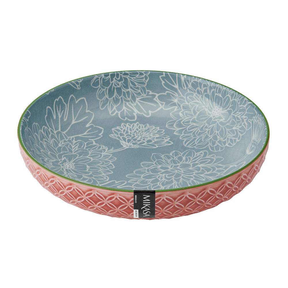 Pasta Bowl - Geometric leaf Pasta Bowl mit blauem Blumenmuster innen und rotem Blumenmuster außen, ohne Hintergrund.