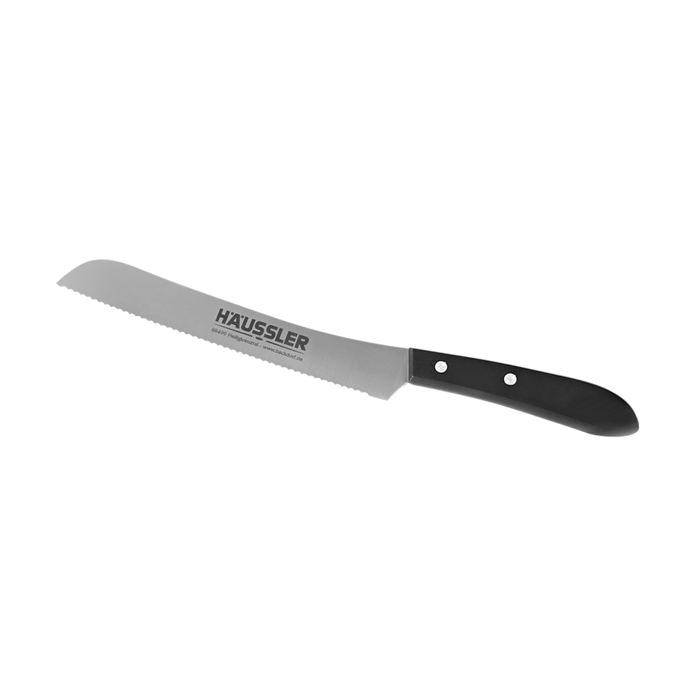 Brotmesser mit Wellenschliffklinge Messer mit schwarzem Griff und langer Klinge mit Wellenschliff und Häussler Logo