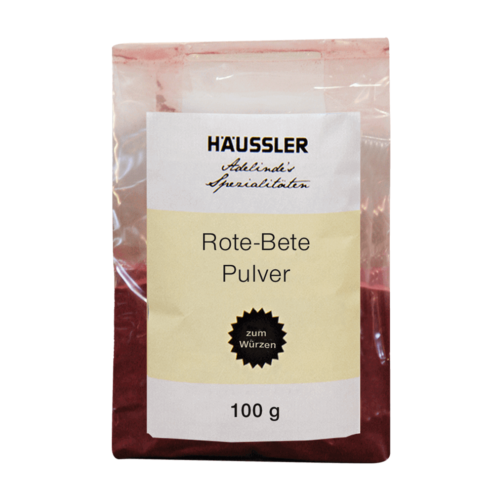 Rote-Bete-Pulver 100g Durchsichtige Verpackung mit Aufschrift: Rote-Bete-Pulver 100 Gramm