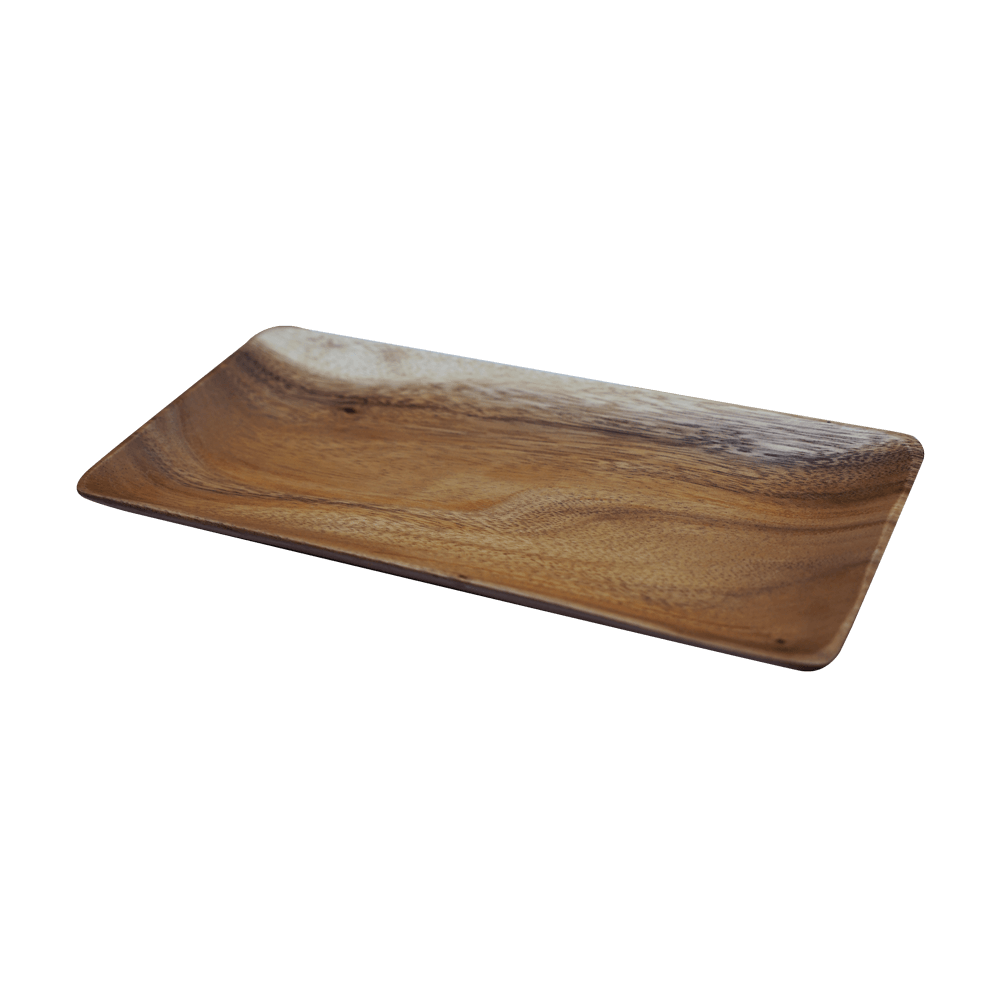 Servierteller groß und rechteckig aus dunklem Akazienholz ohne Hintergrund.