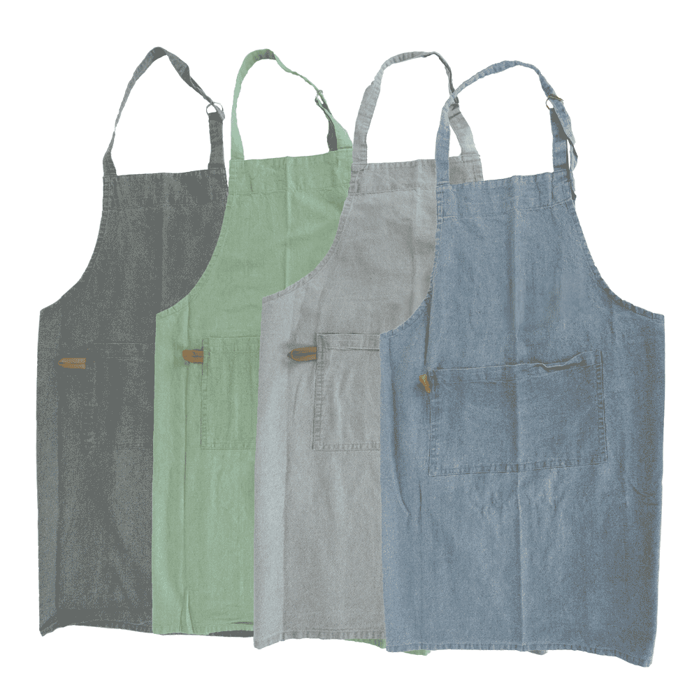 Schürze "MYRNA" Auf dem Bild befinden sich 4 unterschiedlich farbige Schürzen. In den Farben blau, oliv, grün und grau. Ohne Hintergrund abgebildet