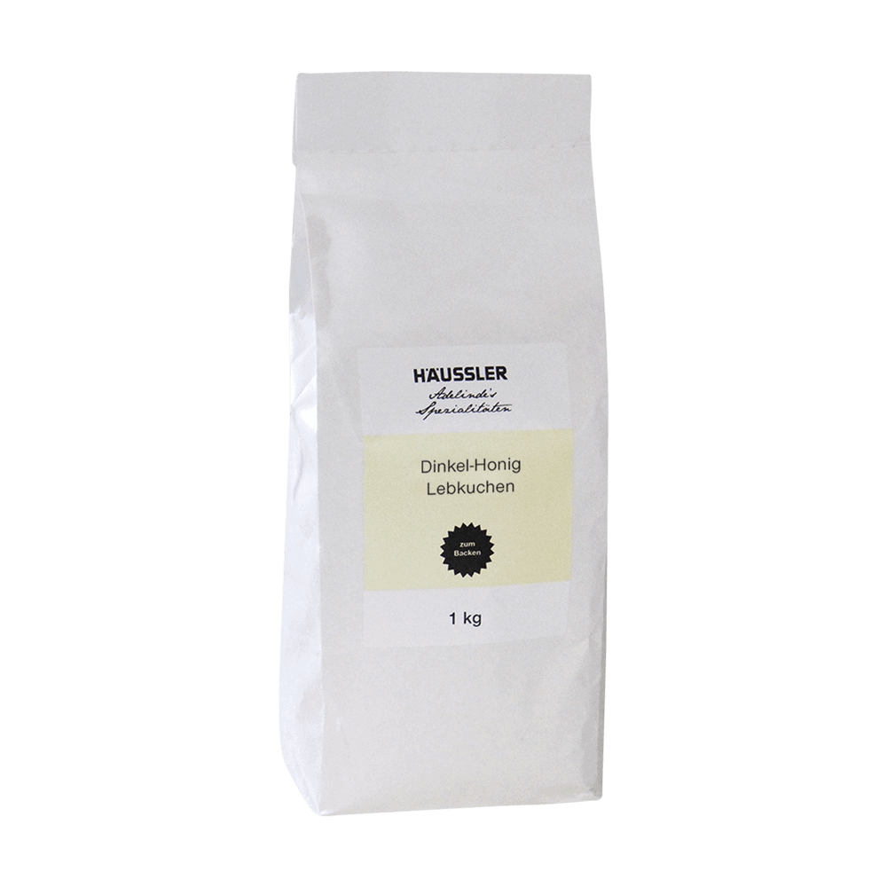 Dinkel-Honig-Lebkuchenmischung Eine Dinkel-Honig-Lebkuchenmischung in weißer Verpackung mit gelbem Aufkleber