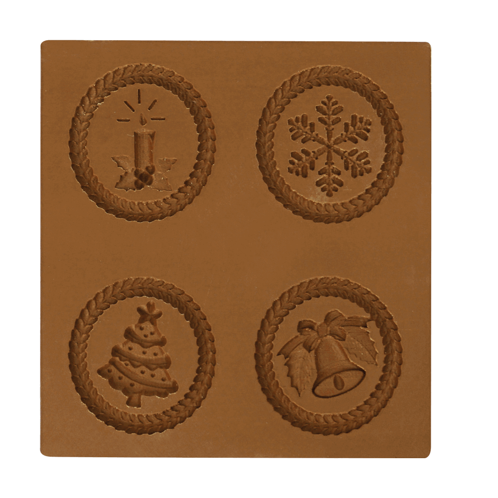 Braunes viereckiges Springerle-Model mit 4 verschiedenen Motiven. Kerze, Schneeflocke, Tannenbaum und Glocke. Ohne Hintergrund abgebildet.