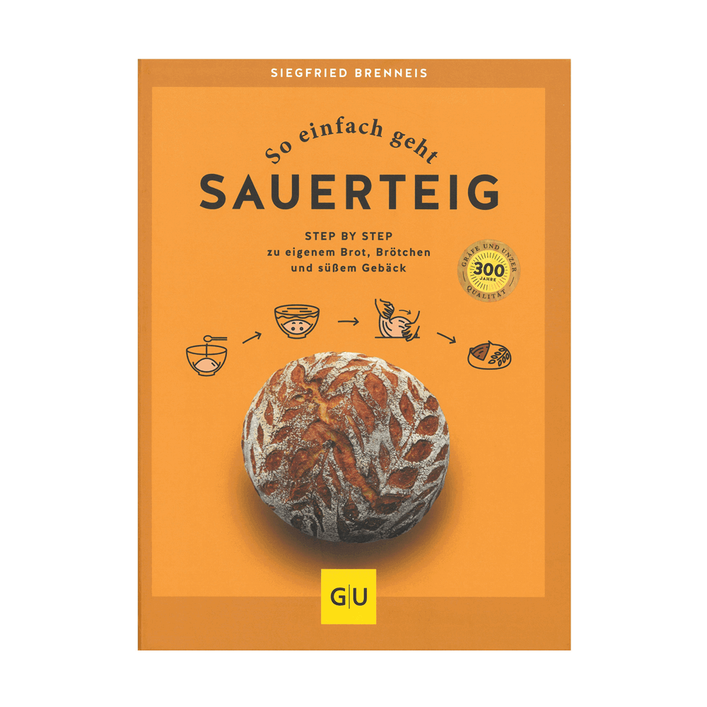 So einfach geht Sauerteig Backbuch, So einfach geht Sauerteig mit orangenem Cover auf dem Ein Brot zu sehen ist
