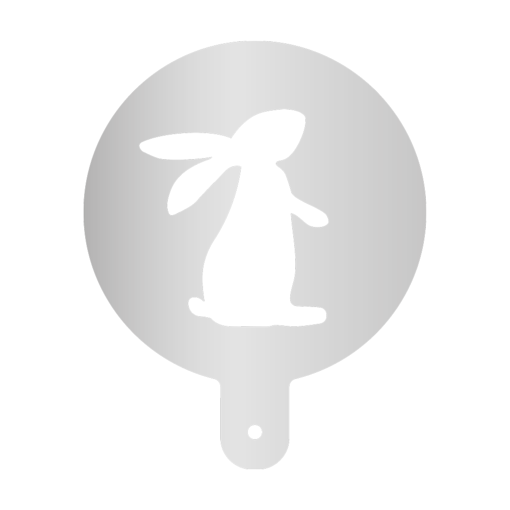 Mehlschablone Hase stehend Runde Mehlschablone mit Griffstück mit einem Ausschnitt in der Mitte in Form eines stehenden Hasen. Ohne Hintergrundbild.