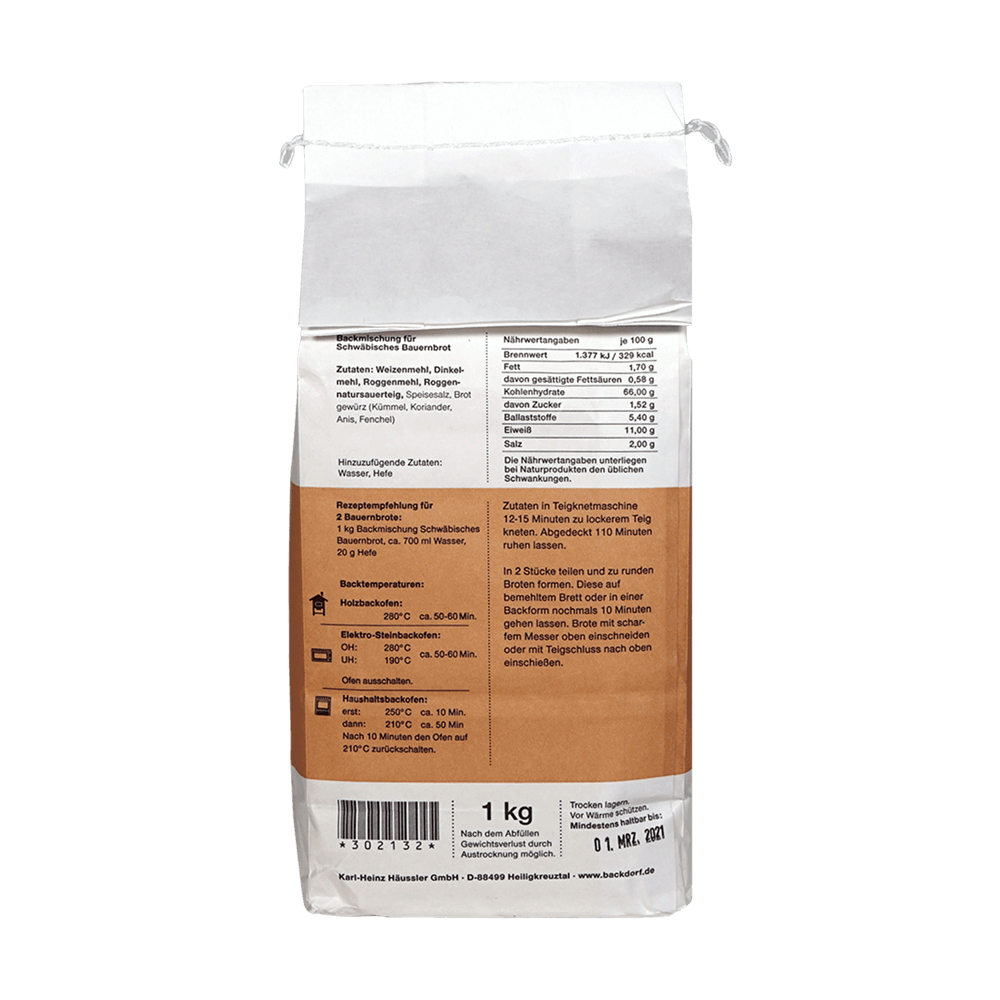 Backmischung für schwäbisches Bauernbrot in einer 1kg Packung. Das Bild zeigt die Rückseite der Verpackung mit Nährwerttabelle und einer Rezeptempfehlung.