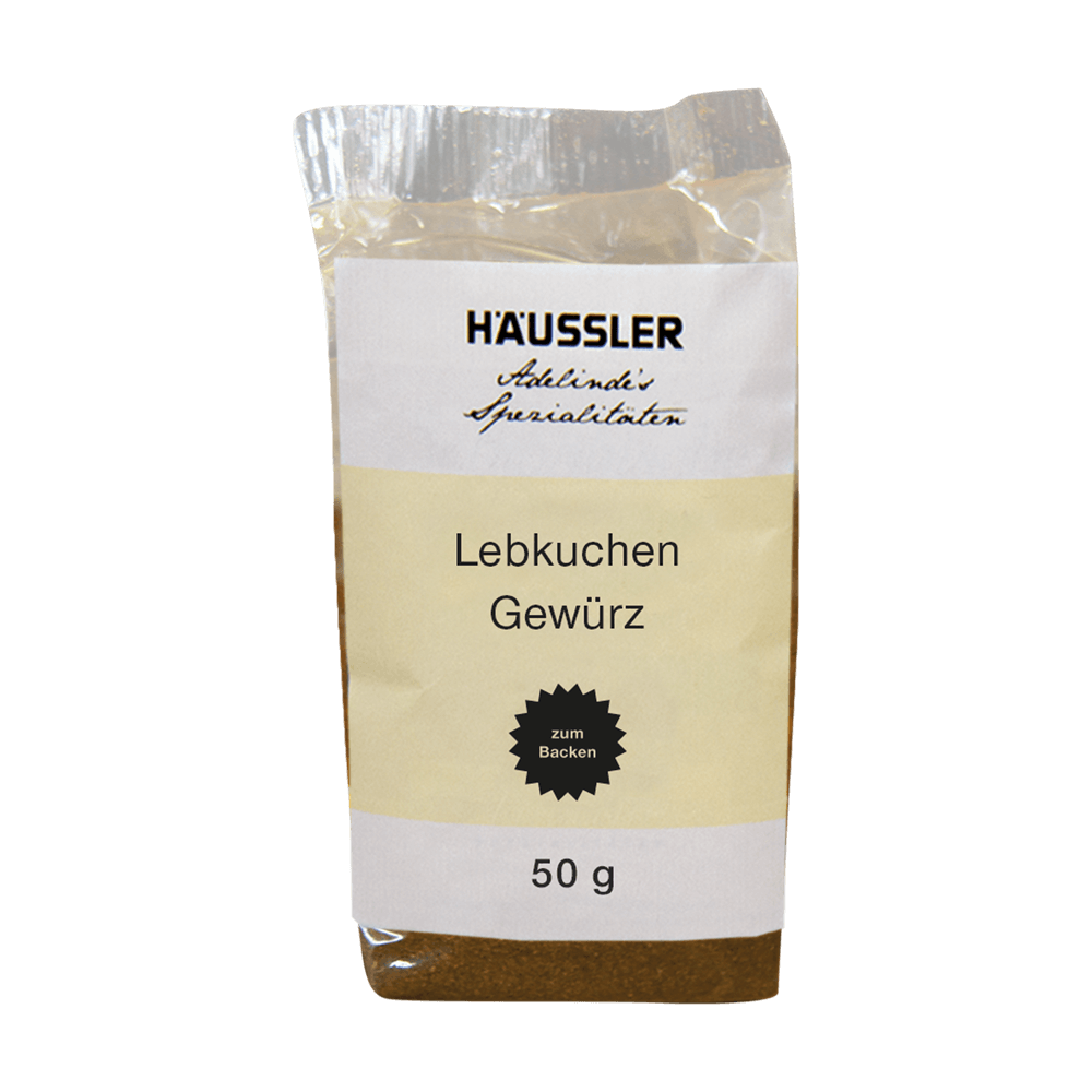 Lebkuchengewürz Durchsichtige Verpackung mit gelbem Aufkleber und der Aufschrift Lebkuchengewürz 50 Gramm.