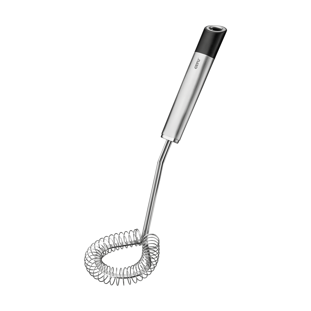 Ein Schneebesen der aus Edelstahl besteht und vorne Spiralförmig ist. Ohne Hintergrund abgebildet