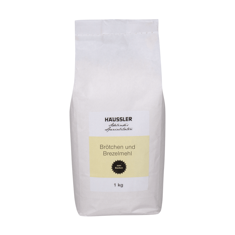 Brötchen und Brezelmehl 1 kg Weiße Verpackung mit der Aufschrift Brötchen und Brezelmehl 1 Kilogramm