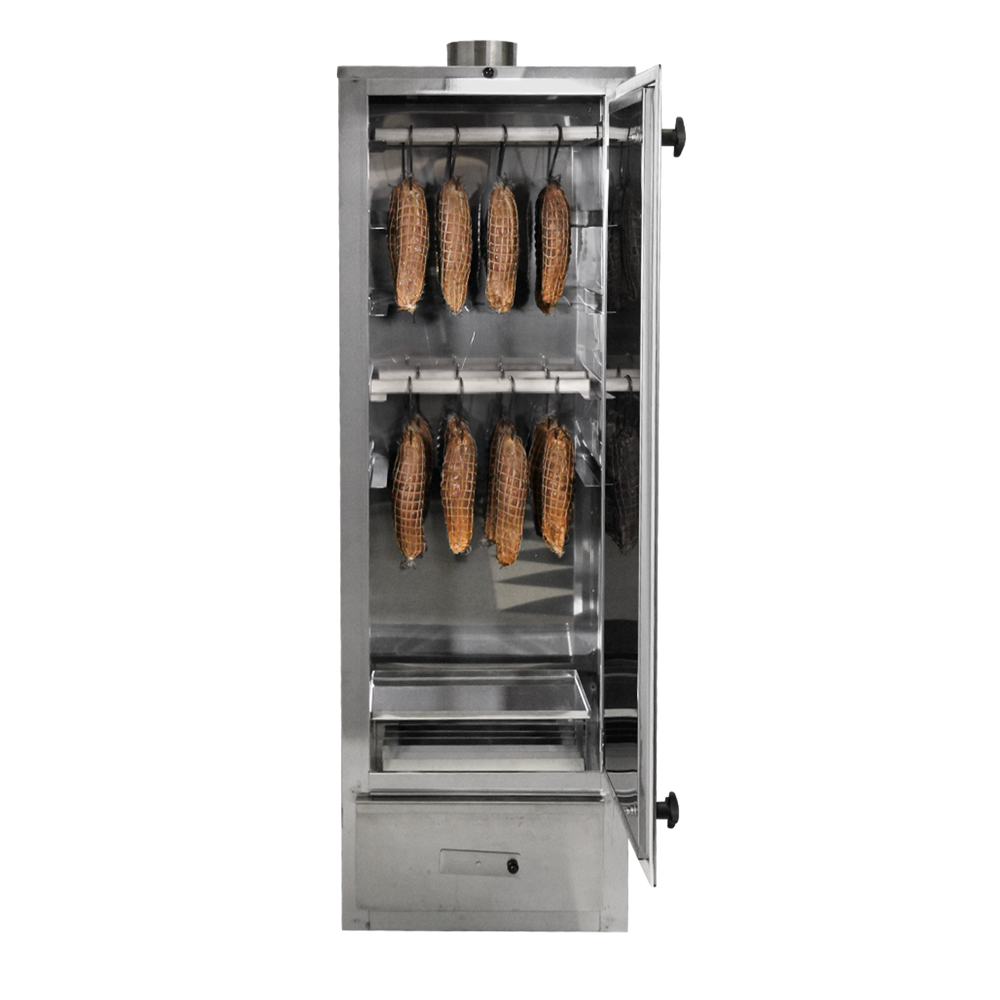 Räucherschrank FS2 mit offener Tür, innen ist Fleisch mit Räuchernetz 