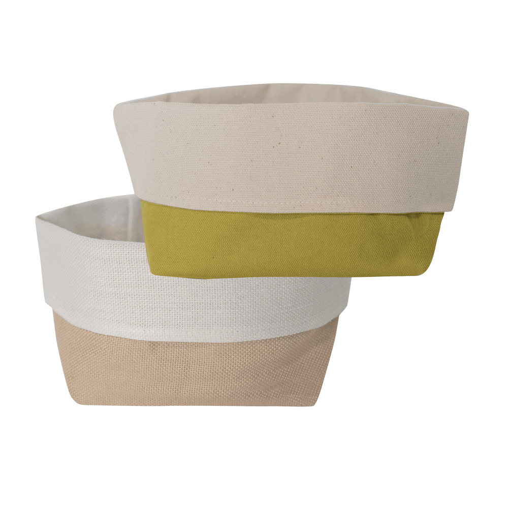 zwei Brotkörbchen aus Baumwolle. Ein grünes und ein beiges Körbchen