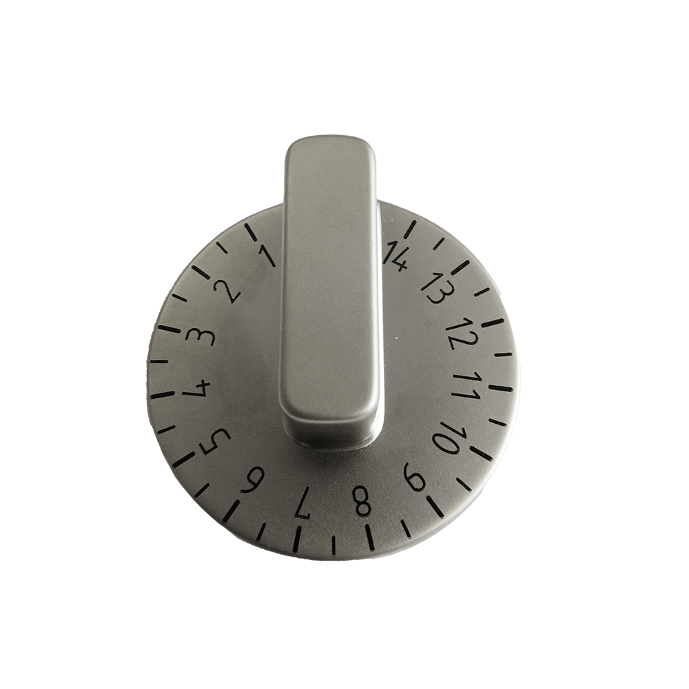 Drehgriff mit Zeitskala für Mono Silberner Drehgriff mit einer Zeitskala für den Elektrosteinbackofen Mono.