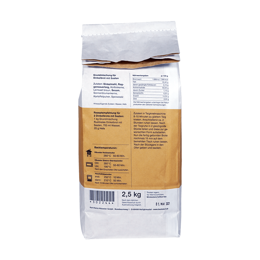 Backmischung für rustikales Dinkelbrot in einer 2,5kg Packung. Das Bild zeigt die Rückseite der Verpackung mit Nährwerttabelle und einer Rezeptempfehlung.