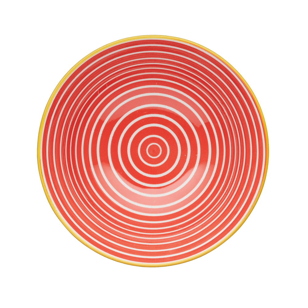 Bowl mit rot weißem Muster auf der Innenseite, ohne Hintergrund.