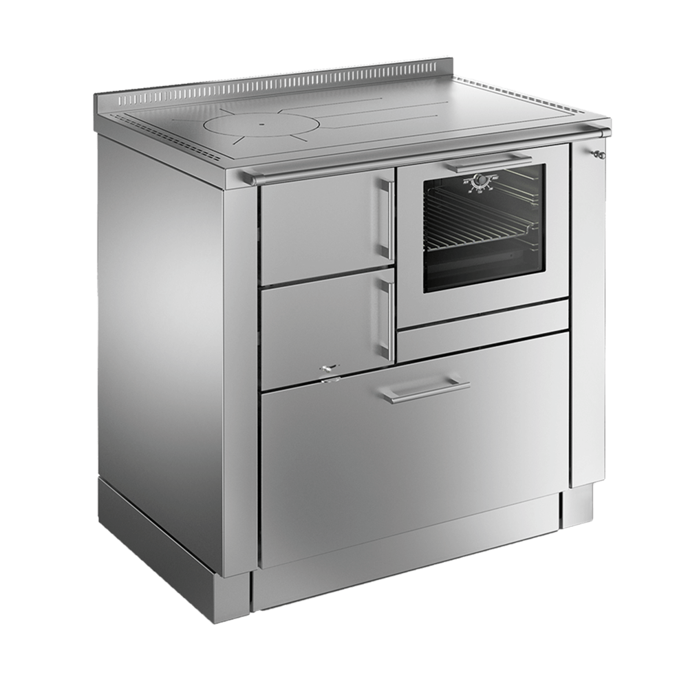 Ökoalpin 100 Holz Küchenherd Ökoalpin 100 mit Edelstahl-Seitenwänden in frontaler Ansicht ohne Hintergrund.