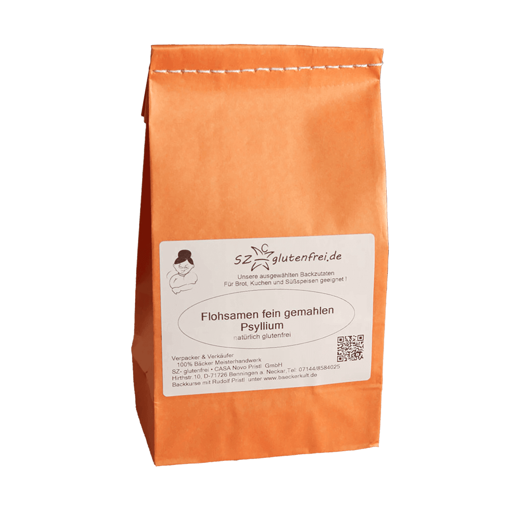 Glutenfreie Flohsamenschalen Glutenfreie Flohsamenschalen gemahlen in einer orangenen Papierverpackung ohne Hintergrund.