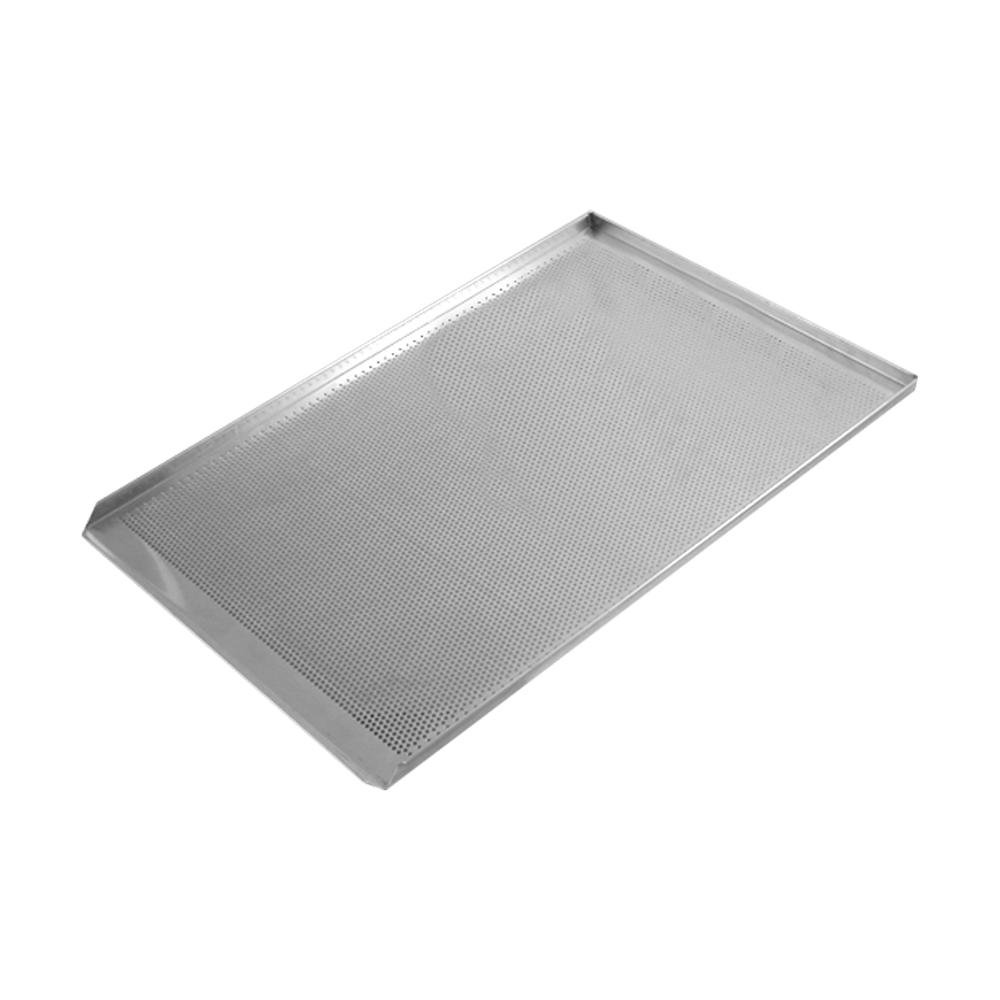 perforiertes Backblech mit den Maßen 40x60cm, an 3 Seiten ist ein Rand mit 1,5cm Höhe und eine Schmalseite ist geöffnet