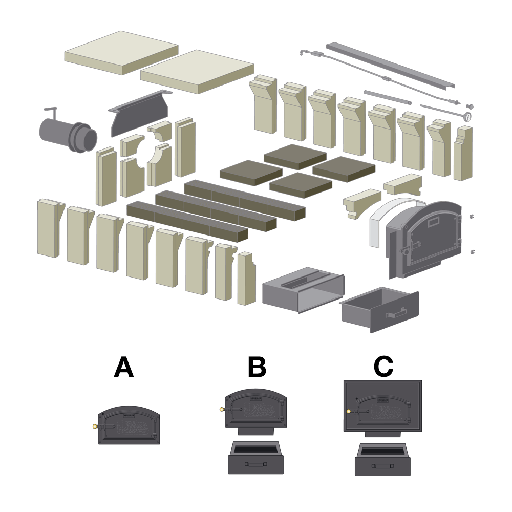Bausatz HABO 6/8 Darstellung aller Bausatzkomponenten in einer Explosionszeichnung ohne Hintergrund.
