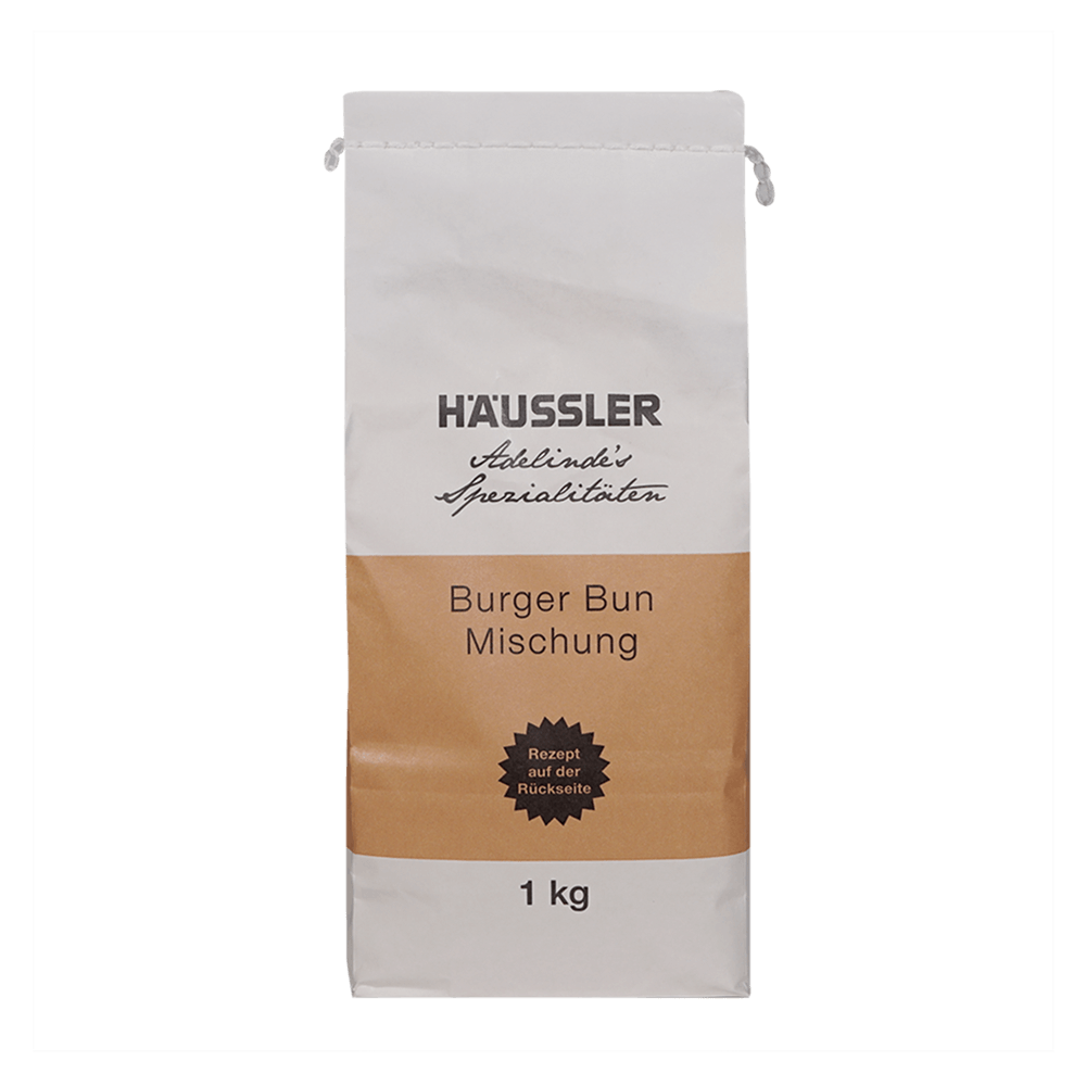 Weiße Verpackung mit einem braunen Aufkleber und der Aufschrift Burger Bun 1 Kilogramm. Ohne Hintergrund abgebildet.