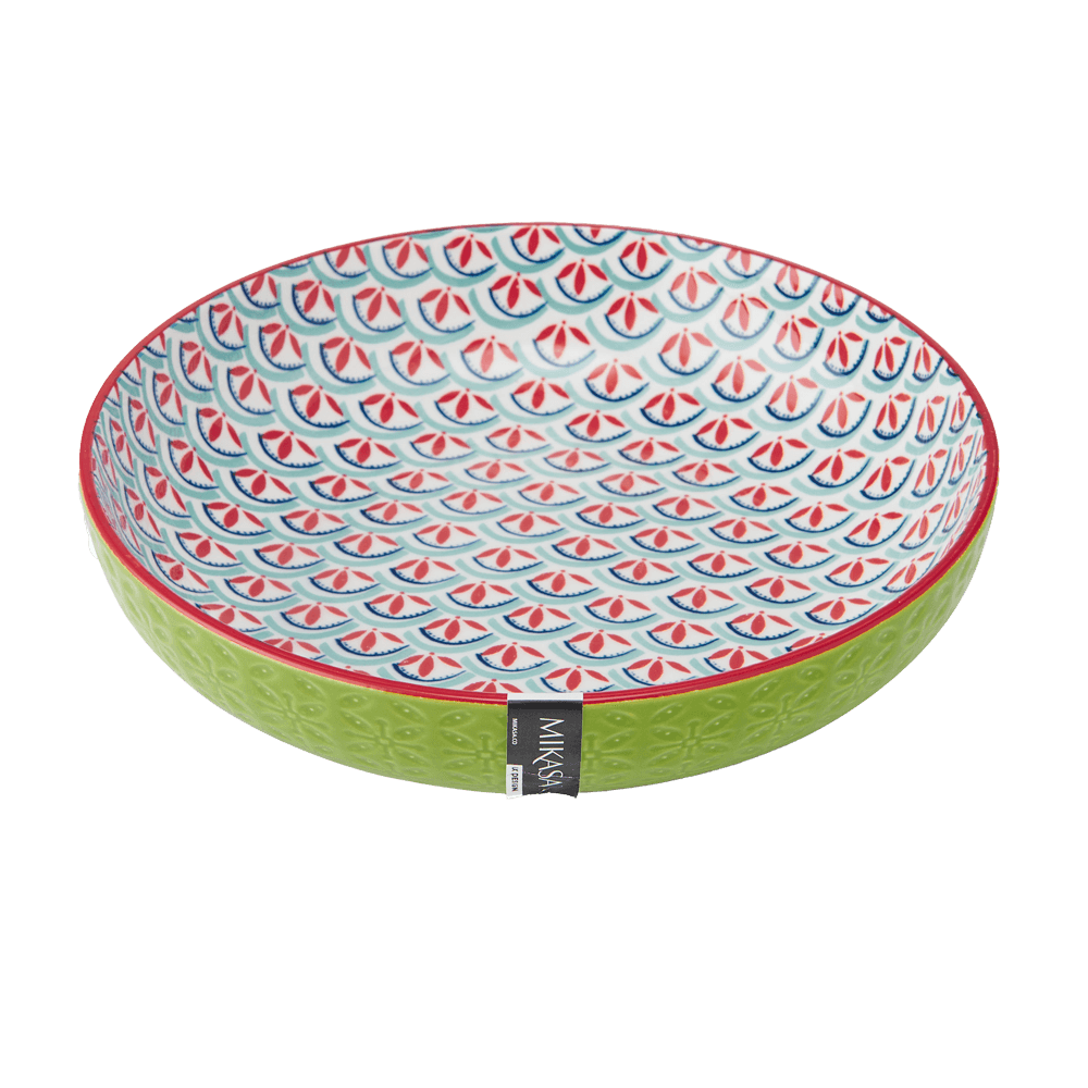 Pasta Bowl mit blau rotem Muster innen und grünem Muster außen, ohne Hintergrund.