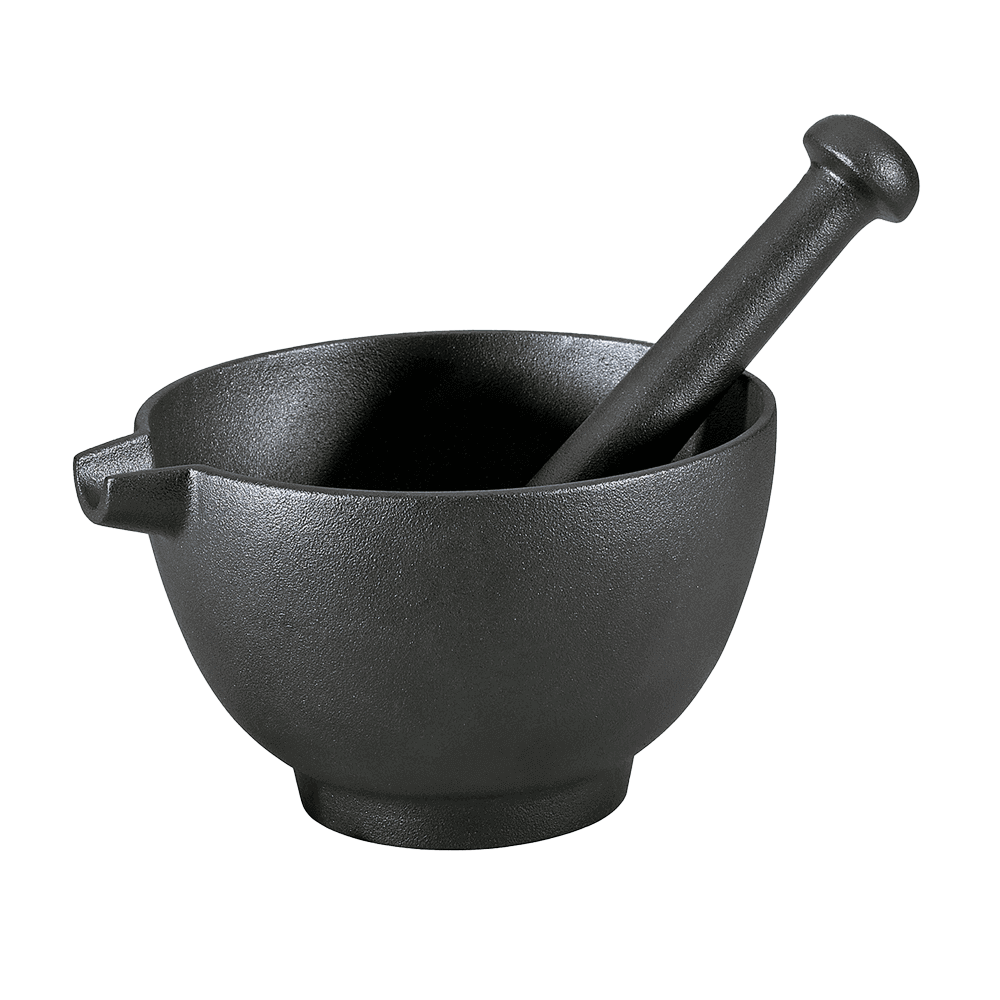 Mörser aus Gusseisen inklusive eingelegtem Stößel ohne HIntergrund.